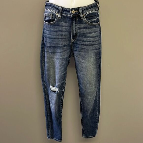 KanCan Dark Blue Distressed Faded Stretchy Skinny Jeans- Size 7/27 - Picture 1 of 14